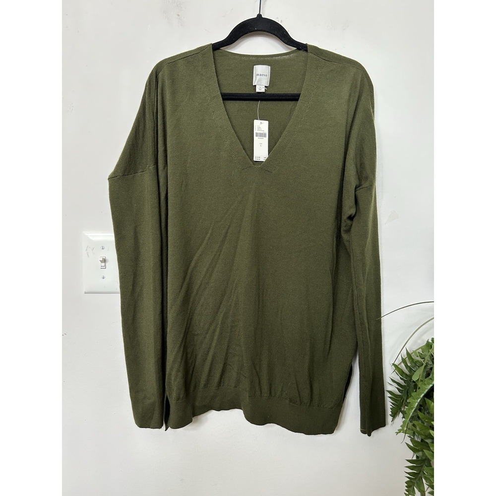 NWT Maeve Anthropologie Merino Wool V-Neck Sweater L Green Slouchy Casual Cozy - Picture 3 of 9